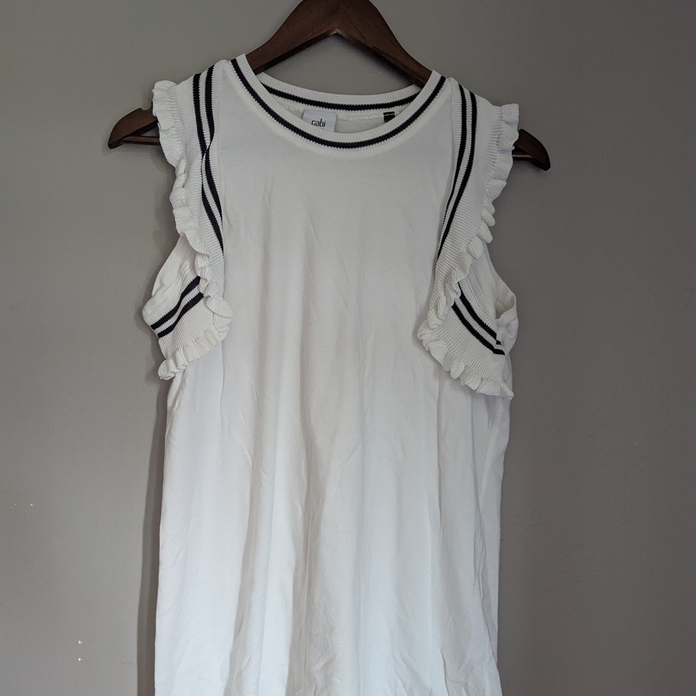 CAbi Ruffled White Sleeveless Tank Top with Black Trim